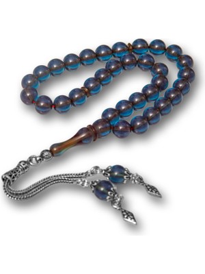 Supertrend Gümüş Püsküllü Deniz Mavisi Yuvarlak Sıkma Kehribar Tesbih