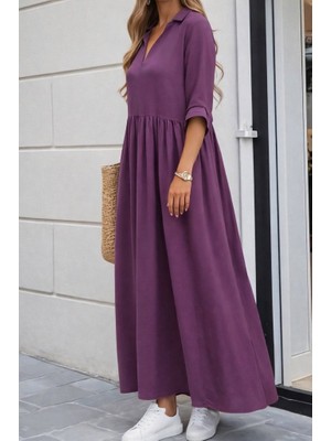 Emh Store Kadın Truvakar Kollu V Yakalı Yırtmaçlı Uzun Aerobin Elbise