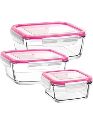 Lav Fresco Kilitli Kare Cam Saklama Kabı Seti 3'lü 4 Adet