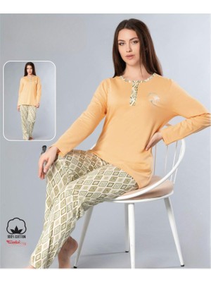 Melodi Kadın Standart Kalıp %100 Pamuk Düğmeli Yaka Uzun Kol Baharlık Pijama Takımı 16166- 1 Adet