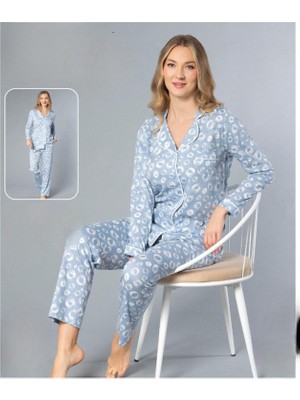 Melodi Kadın Standart Kalıp %100 Pamuk Önden Düğmeli Uzun Kol Baharlık Pijama Takımı 16148- 1 Adet