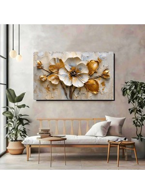 Artprinta Gold Çiçekli Kanvas Tablo – Lüks & Modern Yatay Duvar Dekoru