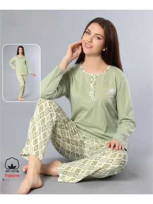 Melodi Kadın Standart Kalıp %100 Pamuk Düğmeli Yaka Uzun Kol Baharlık Pijama Takımı 16165- 1 Adet