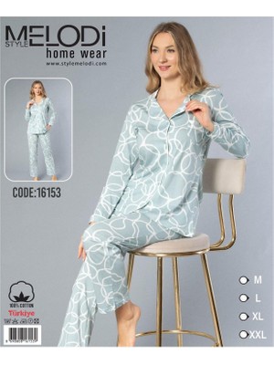 Melodi Kadın Standart Kalıp %100 Pamuk Önden Düğmeli Uzun Kol Baharlık Pijama Takımı 16153- 1 Adet