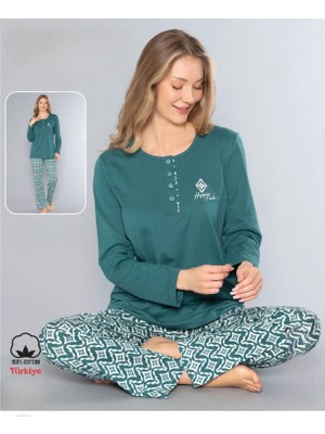 Melodi Kadın Standart Kalıp %100 Pamuk Düğmeli Yaka Uzun Kol Baharlık Pijama Takımı 16167- 1 Adet