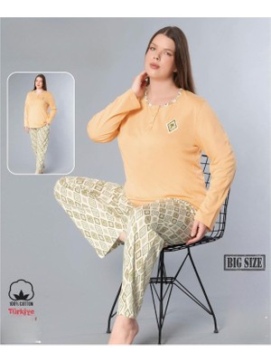 Melodi Kadın Büyük Beden Standart Kalıp %100 Pamuk Düğmeli Yaka Uzun Kol Baharlık Pijama Takımı 17096- 1 Adet