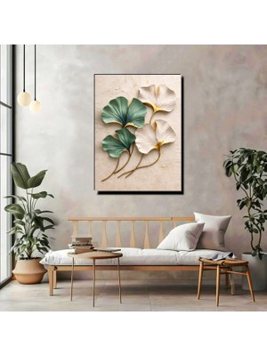 Artprinta Yeşil & Beyaz Yapraklı Kanvas Tablo – Gold Detaylı Modern Duvar Dekoru