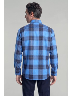 Bisse Regular Fit Paşa Yaka Ekose Pamuk Mavi Erkek Gömlek GMEKS0122300222_D35