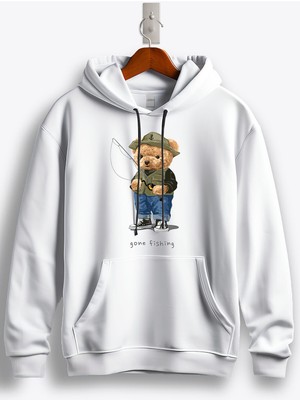 MGAX Balıkçı Balığa Giden Sevimli Ayı Baskılı Regular Kapşonlu Sweatshirt