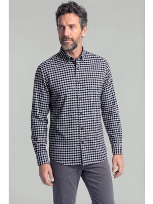 Bisse Modern Fit Italyan Yaka Düğmeli Ekose Kışlık Pamuk Lacivert Erkek Gömlek GMEKS0122300214_D39