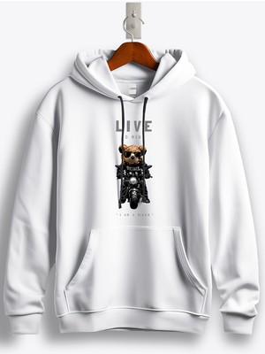 MGAX Motosiklet Sevimli Ayı Live To Ride Baskılı Regular Kapşonlu Sweatshirt