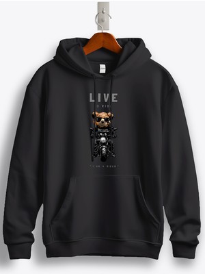 MGAX Motosiklet Sevimli Ayı Live To Ride Baskılı Regular Kapşonlu Sweatshirt