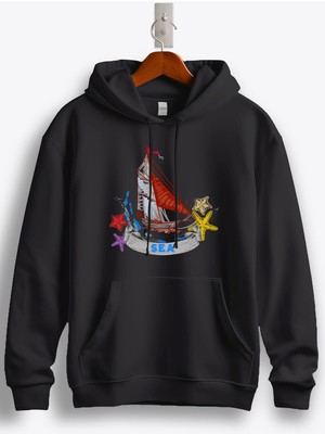 MGAX Denizci Yelkenli Gemi Baskılı Regular Kapşonlu Sweatshirt