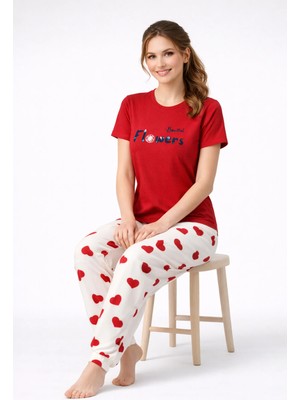 Fames Kadın Kalp Desenli Kırmızı Pijama Takımı – Yumuşak Pamuklu Ev Giyimi