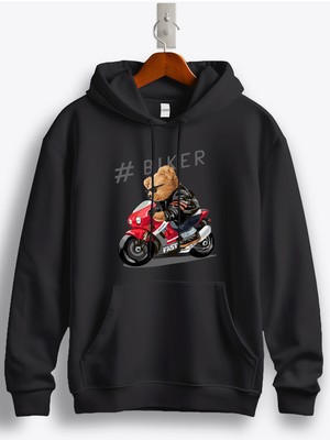 MGAX Motosiklet Sevimli Ayı Biker Bear Baskılı Regular Kapşonlu Sweatshirt