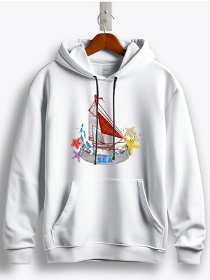 MGAX Denizci Yelkenli Gemi Baskılı Regular Kapşonlu Sweatshirt
