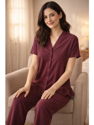 Fames Bürümcük Kumaş Biyeli Düğmeli Kadın Pijama Takımı
