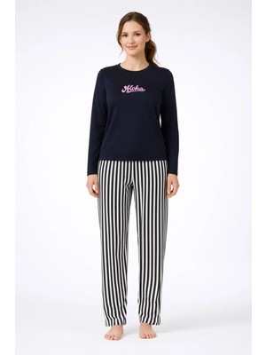 Fames Aloha Baskılı Uzun Kollu Kadın Pijama Takımı – Lacivert & Çizgili