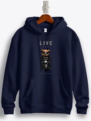 MGAX Motosiklet Sevimli Ayı Live To Ride Baskılı Regular Kapşonlu Sweatshirt