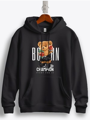 MGAX Sevimli Ayı Doğuştan Şampiyon Baskılı Regular Kapşonlu Sweatshirt