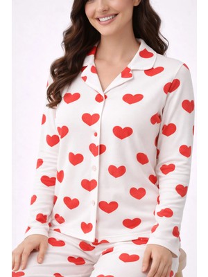 Fames Kırmızı Kalp Desenli Düğmeli Uzun Kollu Kadın Pijama Takımı