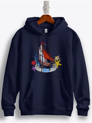 MGAX Denizci Yelkenli Gemi Baskılı Regular Kapşonlu Sweatshirt