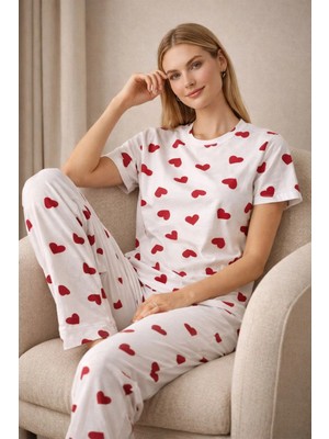 Fames Beyaz Kalp Baskılı Penye Kumaş Kadın Pijama Takım
