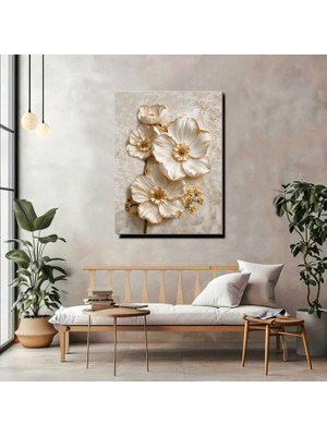 Artprinta Krem Gold Çiçek Kanvas Tablo – Modern Lüks Duvar Dekoru