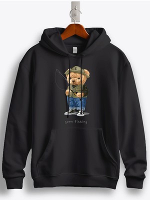 MGAX Balıkçı Balığa Giden Sevimli Ayı Baskılı Regular Kapşonlu Sweatshirt