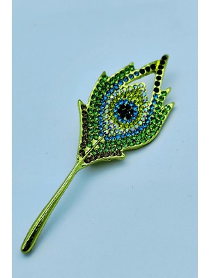 BB Bi Butik Shop Zümrüt Işıltısı Tavus Kuşu Tüyü Taşlı Gold Broş