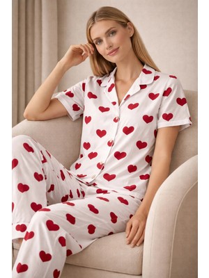 Fames Kalpli Beyaz Düğmeli Kadın Pijama Takım