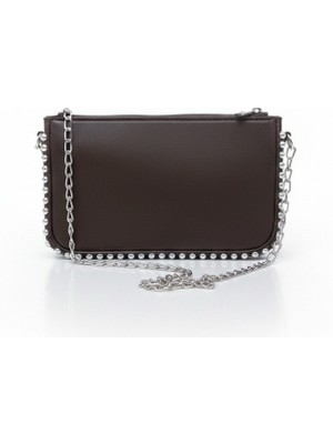 Nevalia Kahverengi Zincir Askılı Zımbalı Şık Kadın Çanta-Üç Gözlü