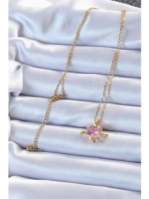 Fantastik Store 316L Çelik Zincir Altın Renk Pembe Zirkon Taşlı Satürn Görünümlü Kalp Kolye - Lisinya