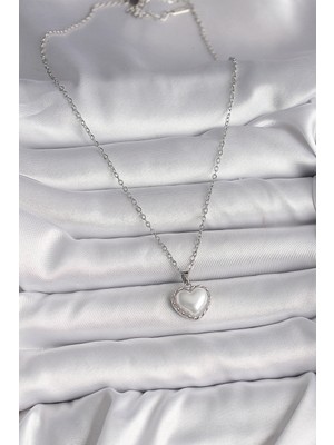Fantastik Store 316L Çelik Gümüş Renk Zincir 3D Inci Kalp Model Kadın Kolye - Lisinya