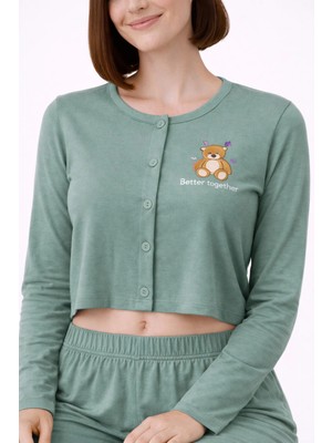 Fames Ayıcık Baskılı Düğmeli Uzun Kollu Kadın Pijama Takımı – Crop Model
