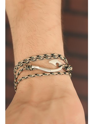 Fantastik Store Krem Renk Çizgi Desenli Metal Kancalı Erkek Bileklik - Lisinya