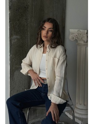 Bacc Krem Tek Cepli Oversize Müslin Gömlek BCRU-261291