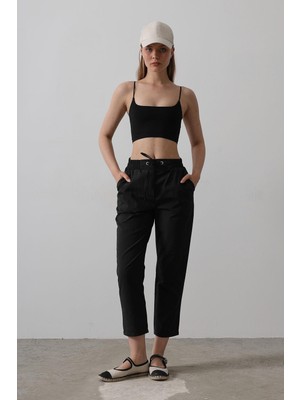 Bacc Siyah Çift Cepli Beli Lastikli Bağlama Detaylı Pantolon BCRY-261289