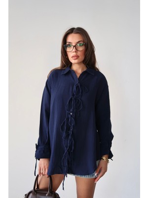 Bacc Lacivert Düğme Detaylı Bağlamalı Müslin Gömlek BCRU-261295