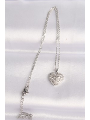 Fantastik Store 316L Çelik Zincir Gümüş Renk Zirkon Taşlı Kalp Kolye - Lisinya