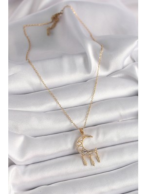 Fantastik Store 316L Çelik Gold Renk Zincir Zirkon Taşlı Hilal Model Sallantı Yaprak Detay Kadın Kolye - Lisinya
