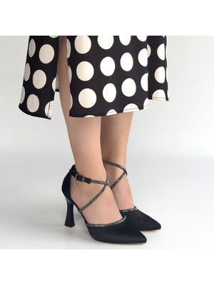 SEPET365 Kanji Siyah Saten Topuklu Ayakkabı