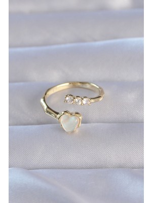 Fantastik Store Pirinç Gold Renk Zirkon Taşlı Sedefli Kalp Model Ayarlanabilir Yüzük - Lisinya