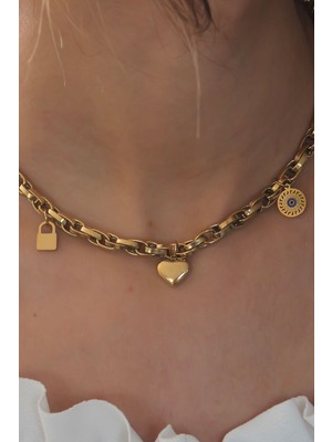 Fantastik Store Çelik Gold Renk Kalın Zincir Model Kalp Figür Kadın Kolye - Lisinya