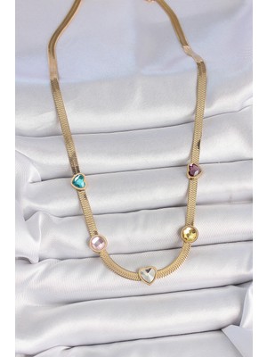 Fantastik Store 316L Çelik Gold Renk Italyan Zincir Renkli Zirkon Taşlı Kalp Figür Kadın Kolye - Lisinya
