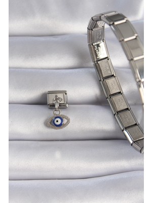 Fantastik Store 316L Çelik Gümüş Renk Sallantılı Göz Figür Nazar Boncuk Detay Nomination Charm - Lisinya