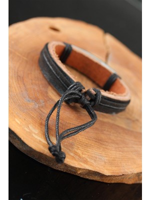 Fantastik Store Çelik Aksesuarlı Siyah Renk Deri Erkek Bileklik - Lisinya