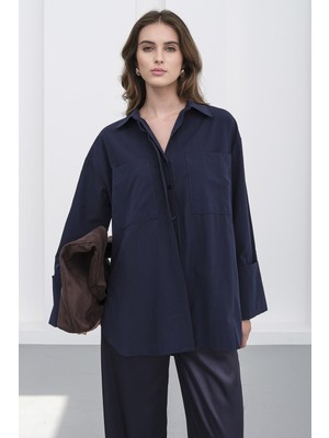Bacc Lacivert Çift Cepli Oversize Basic Gömlek BCRU-261306