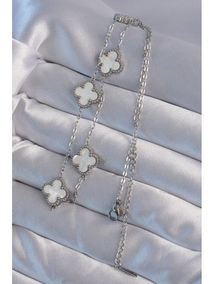 Fantastik Store 316L Çelik Gümüş Renk Beyaz Sedefli Yonca Kolye - Lisinya