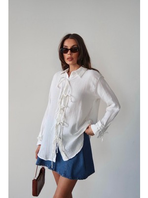Bacc Beyaz Düğme Detaylı Bağlamalı Müslin Gömlek BCRU-261295